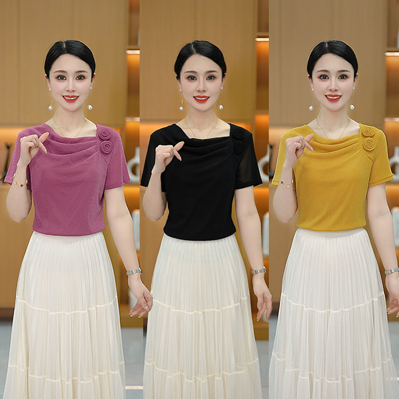 花朵打底衫女修身显瘦T恤夏季时尚小衫洋气减龄气质短袖上衣商品图