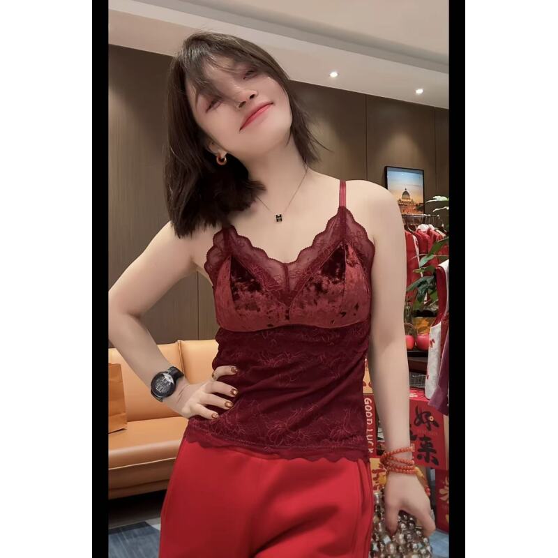新款丝绒蕾丝拼接美背背心