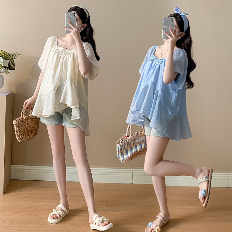 可盐可甜孕妇装韩版夏季新款短袖衬衫百搭款不规则衬衣上衣雪纺衫