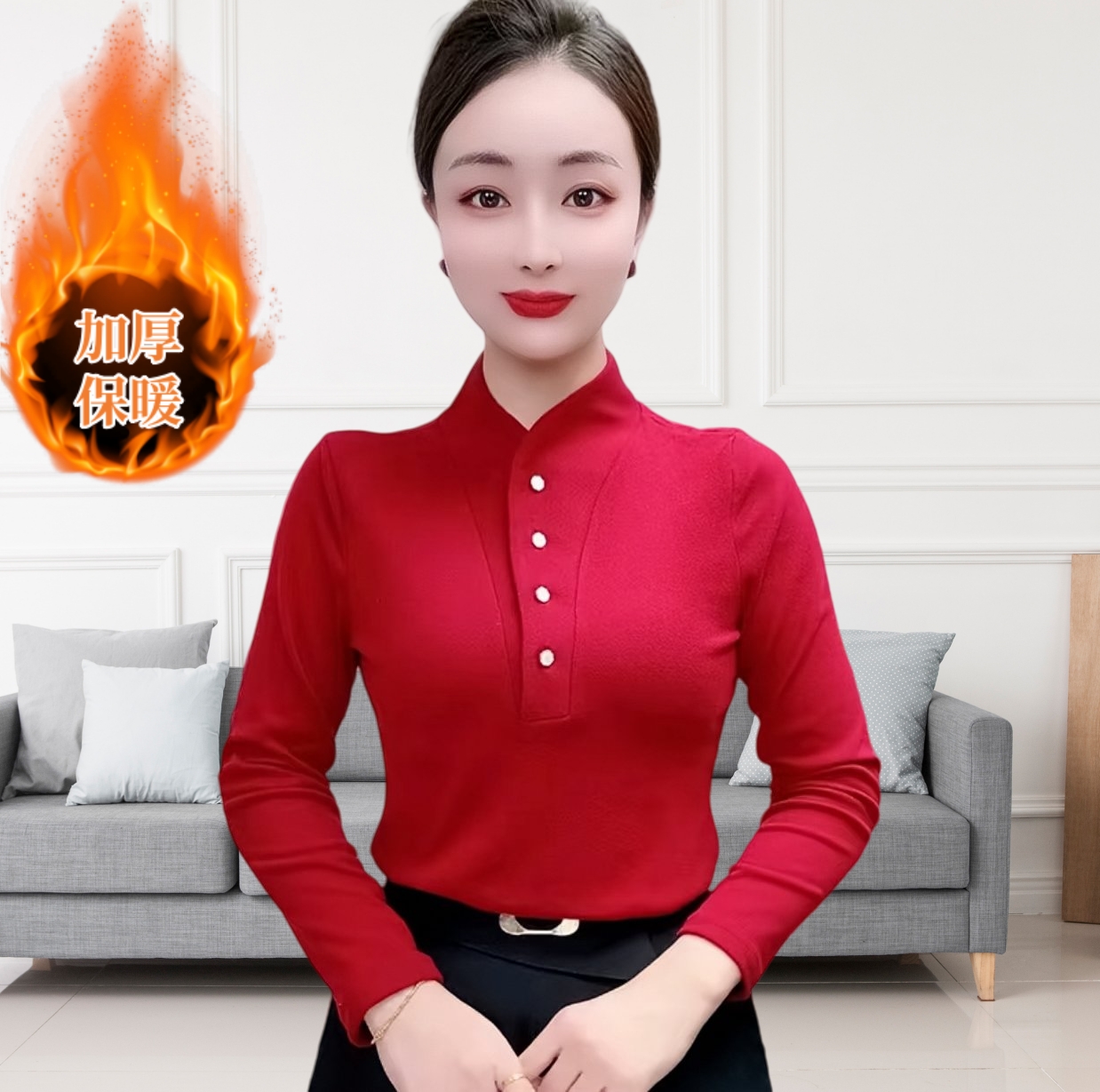 2890秋冬半高领双面绒加厚内搭打底衫大码女士显瘦洋气减龄长袖