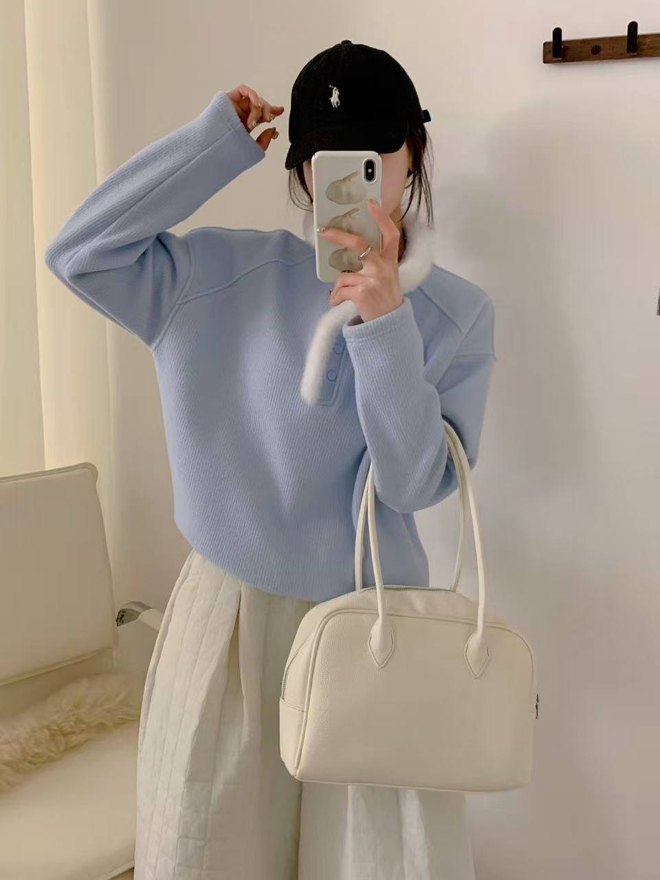 小慧 韩系加绒毛毛半摁扣抽绳慵懒风立领卫衣KI07