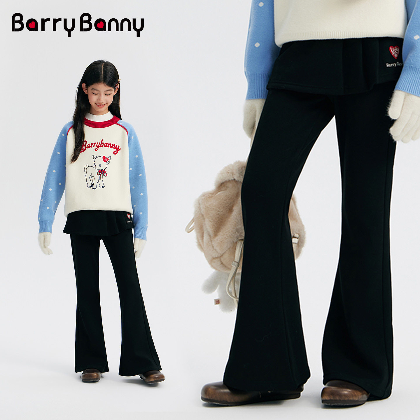 BarryBanny女童裤子加绒假两件裙裤2025秋冬新款中大童喇叭裤3018