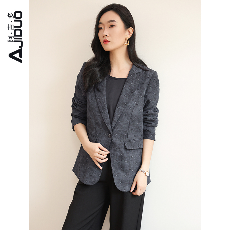 阿吉多深灰色长袖西装外套女春季新款职业休闲气质高级港风小西服