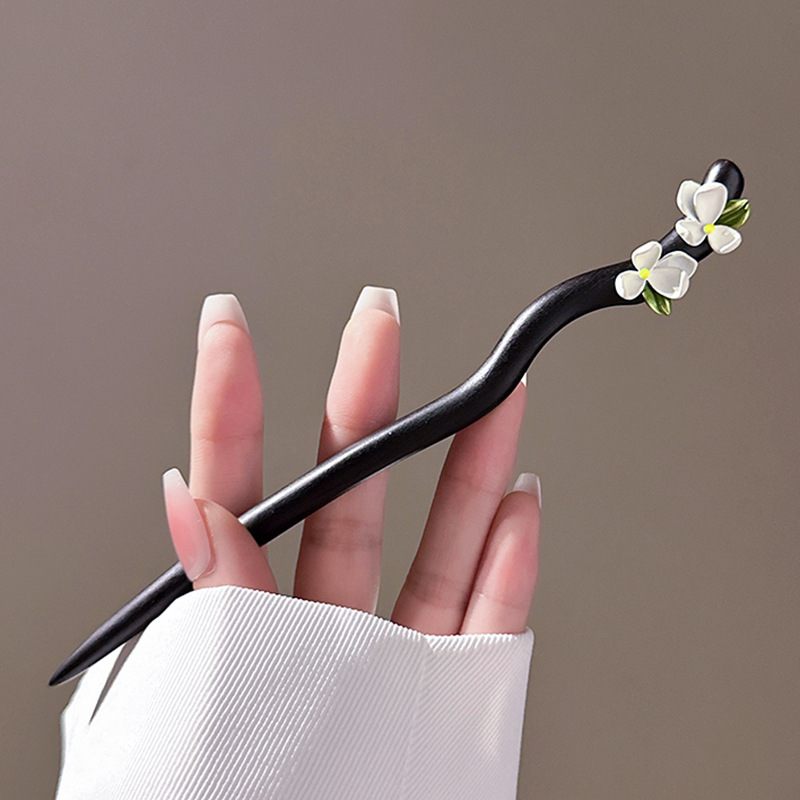 黄色小桅子花檀木发簪日常简约气质盘发簪发簪子