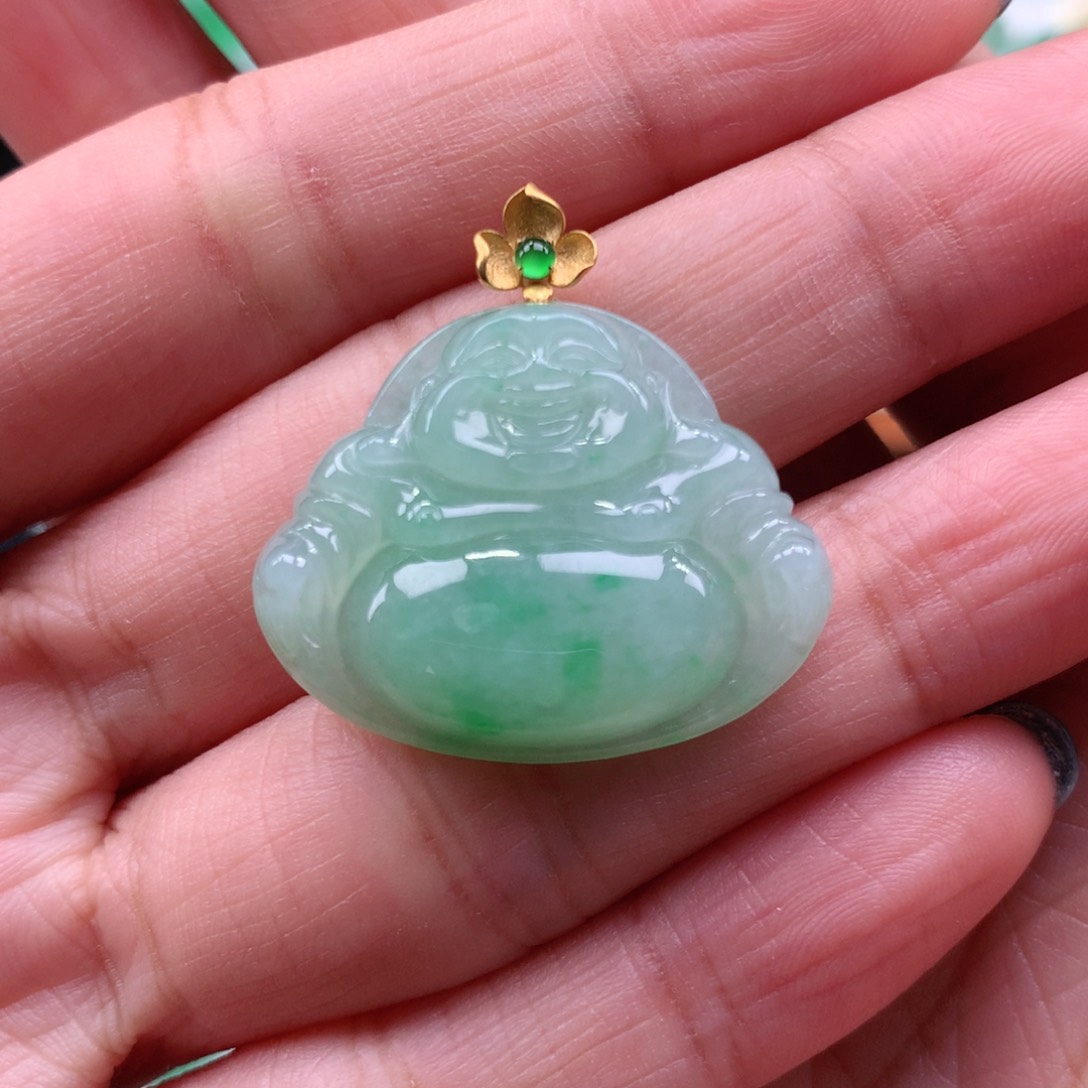 翡翠吊坠(不含链)18K金镶嵌佛公