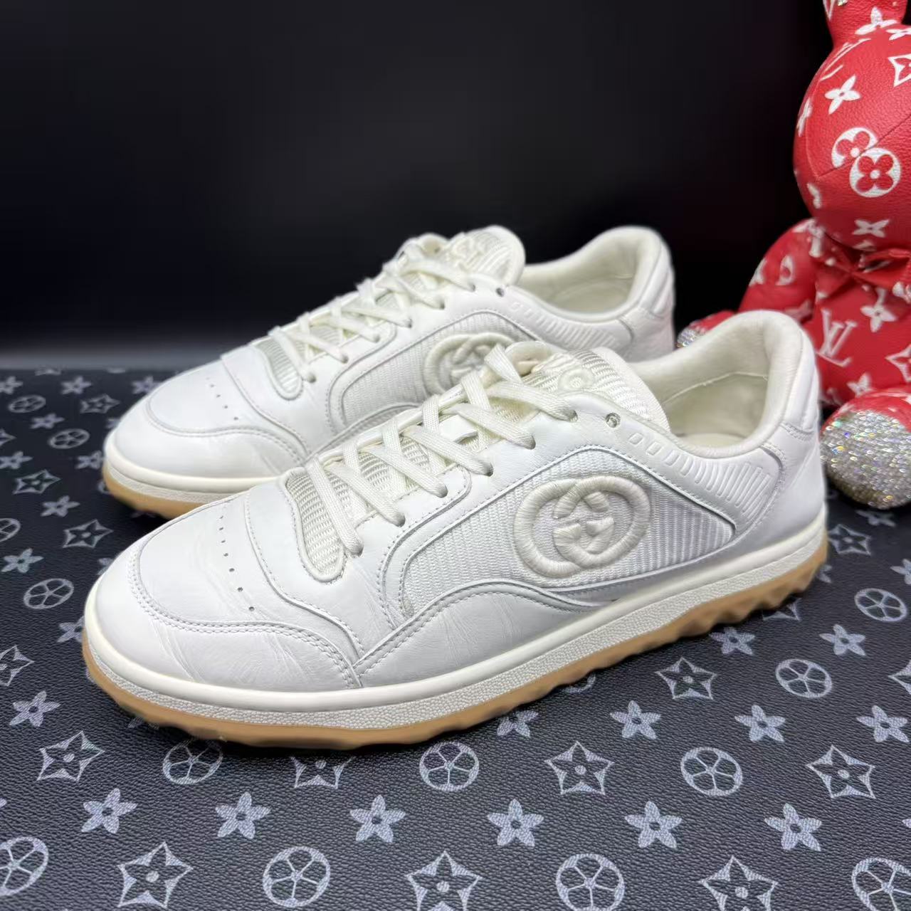 95新 GUCCI/古驰 白色皮质刺绣老花休闲时尚舒适低帮MAC80板鞋
