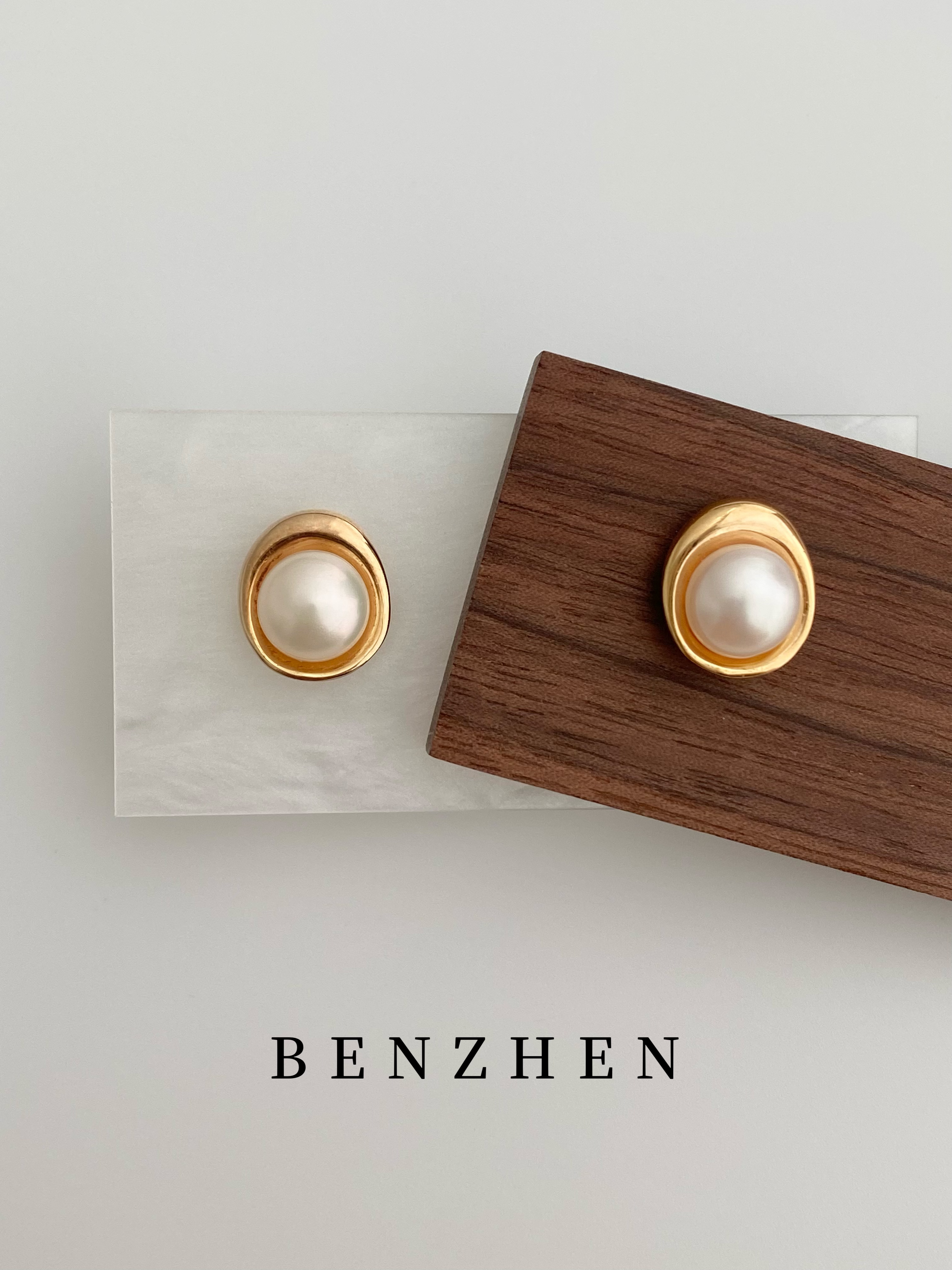 925银耳饰 本贞·925银元宝金色手工珍珠耳钉ins2g|简约高级|小众