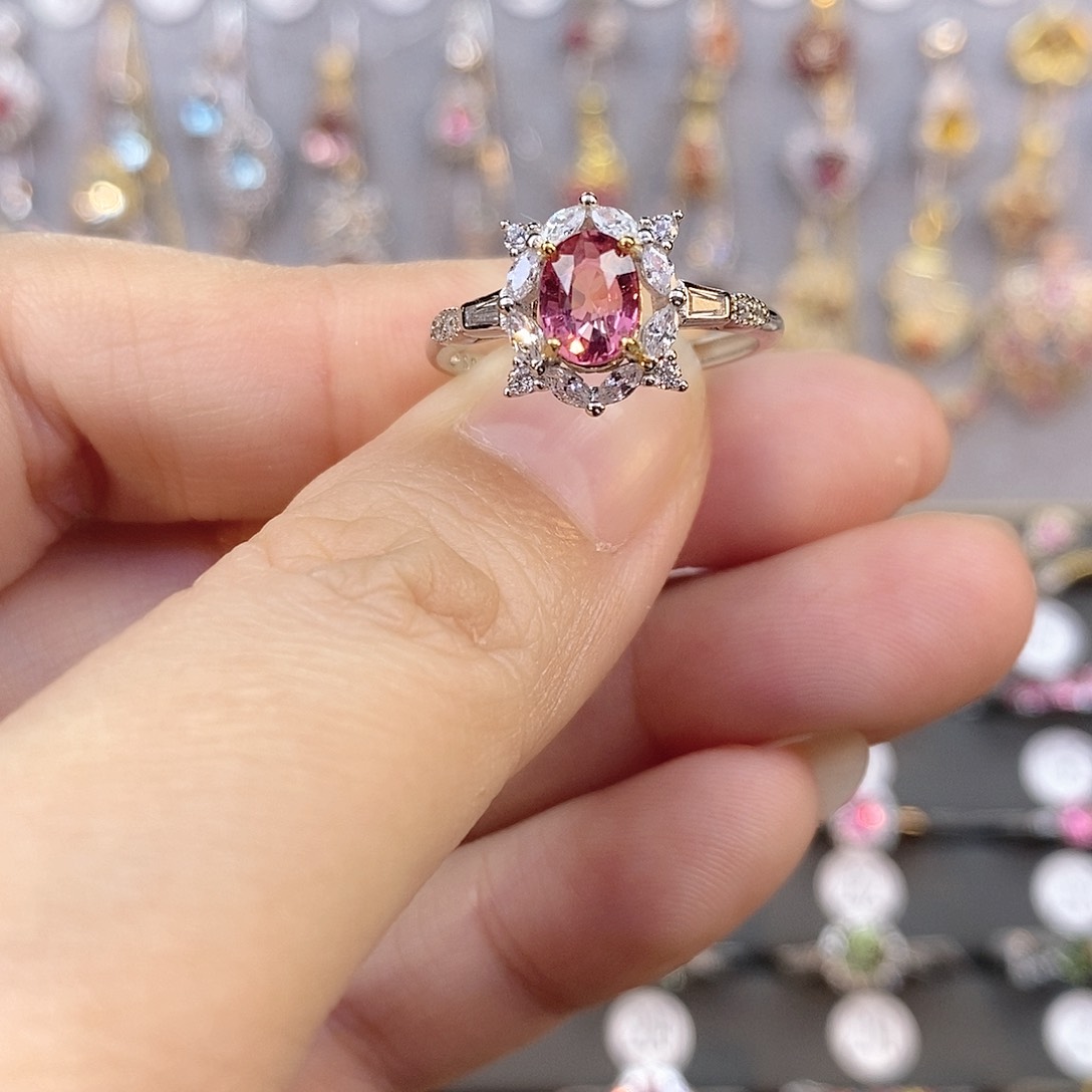 碧玺戒指银S925镶嵌粉