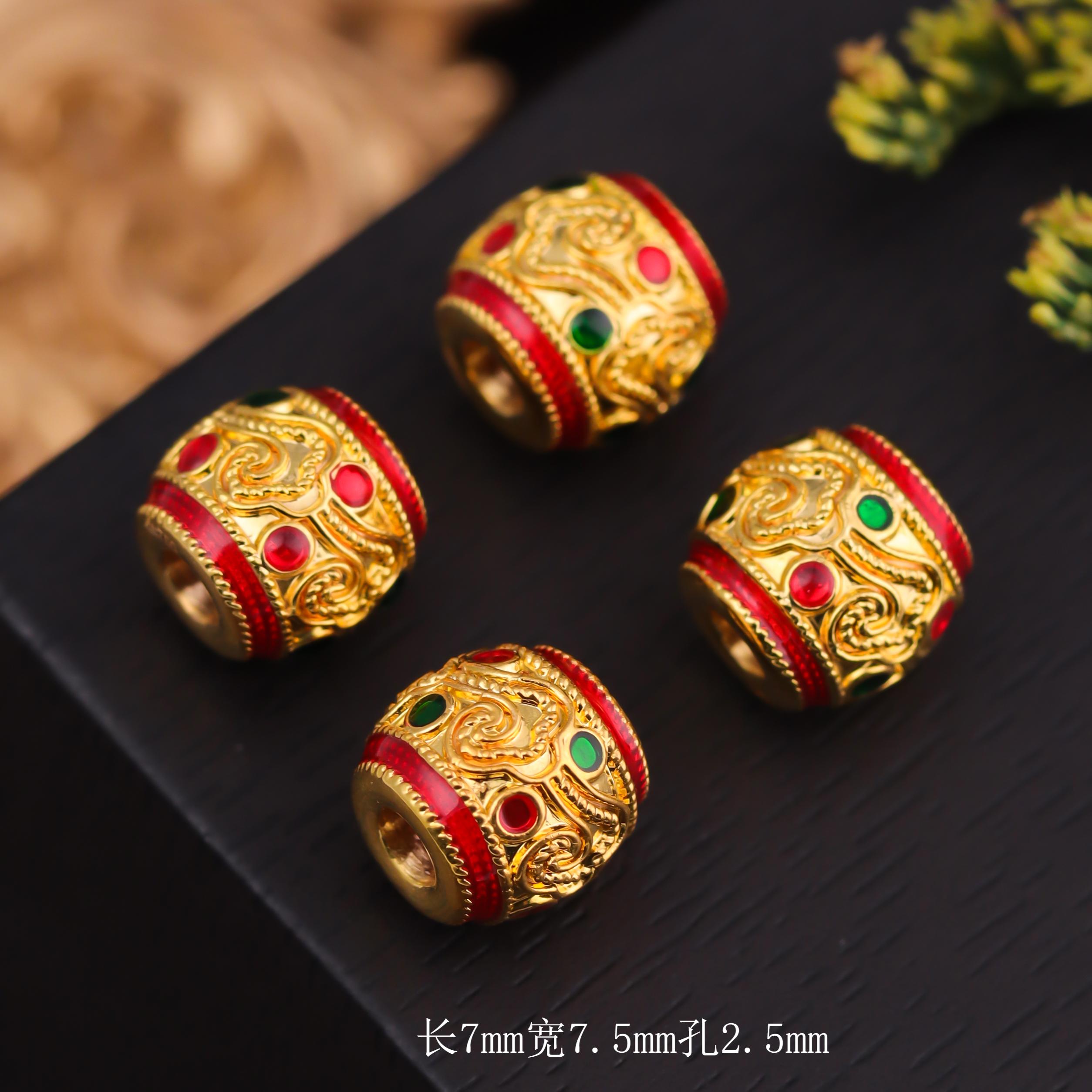 【来福工厂】18k金豪镶红绿大桶珠7.5mm金腰带桶珠路路通配饰