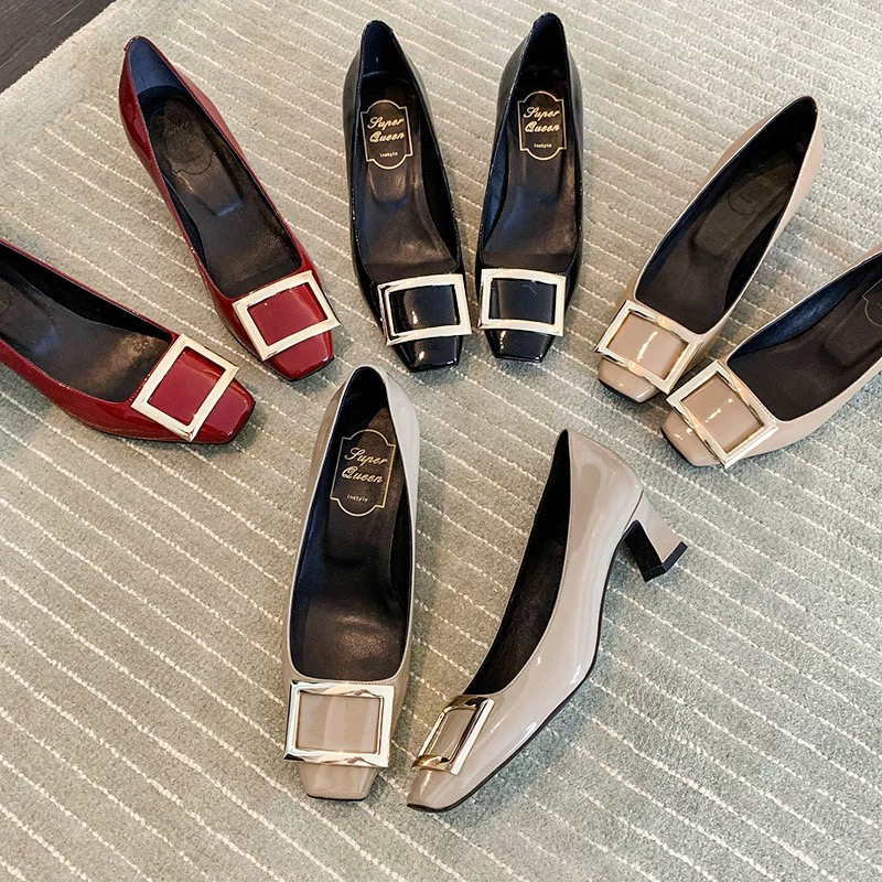 rv方扣单鞋女粗跟浅口上班通勤不累脚真皮2024方头高跟鞋中跟单鞋