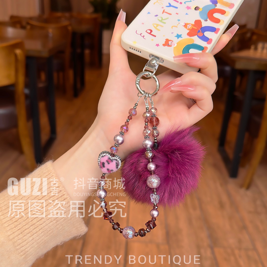 网红狐狸毛时尚手机链女豹纹串珠手工diy防摔相机ccd防丢手提挂绳