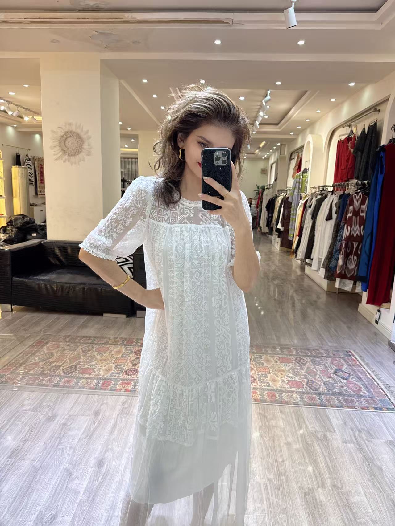 2025年自家原创设计重工刺绣双层面料中袖高气质女款连衣裙