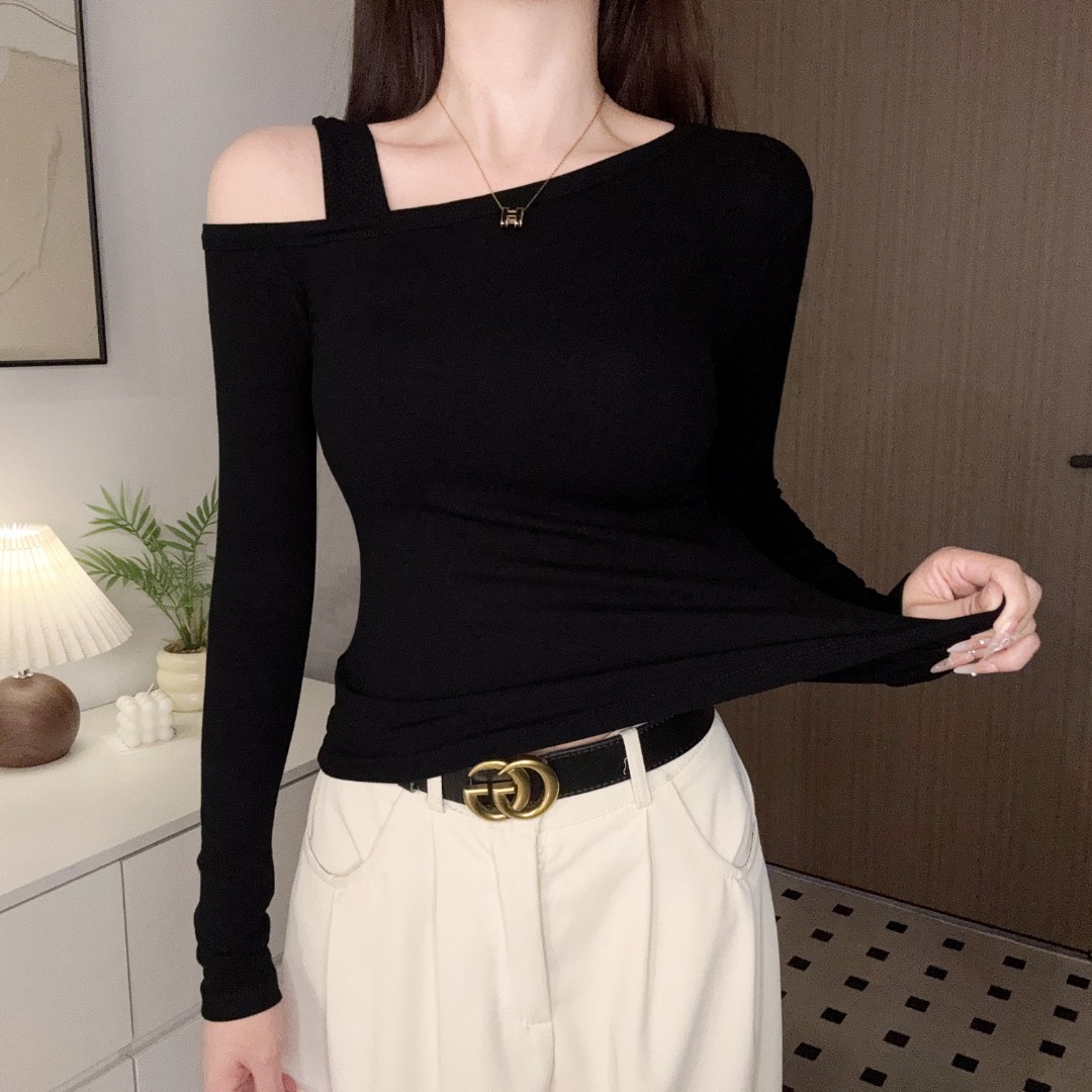 薇帛一字肩露肩修身长袖t恤女打底衫早秋设计感小众气质斜肩上衣