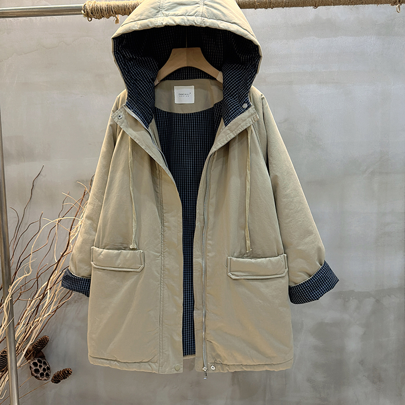 【836】-冬季新款加厚中长款连帽拼色格子连帽夹棉棉衣棉服外套女