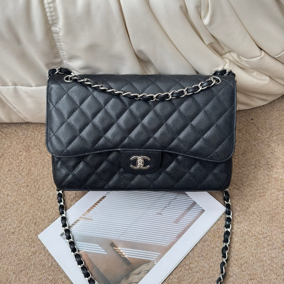 95新 Chanel/香奈儿 Chanel 黑银 荔枝牛 双盖cf jumbo/617753987