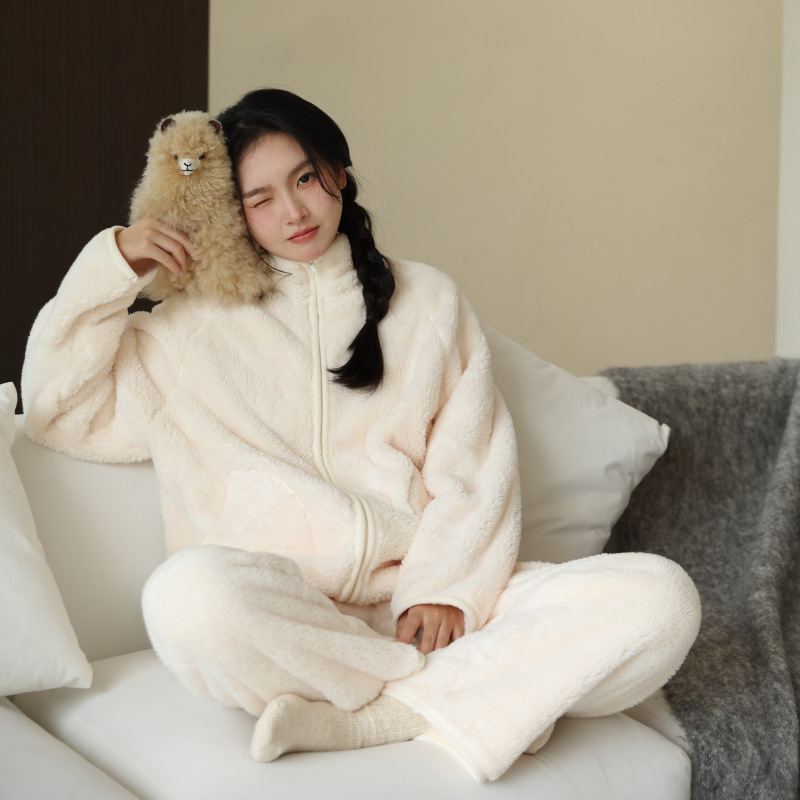 暖暖绒冬季睡衣女士纯色拉链保暖套装加绒加厚珊瑚绒家居服可外穿