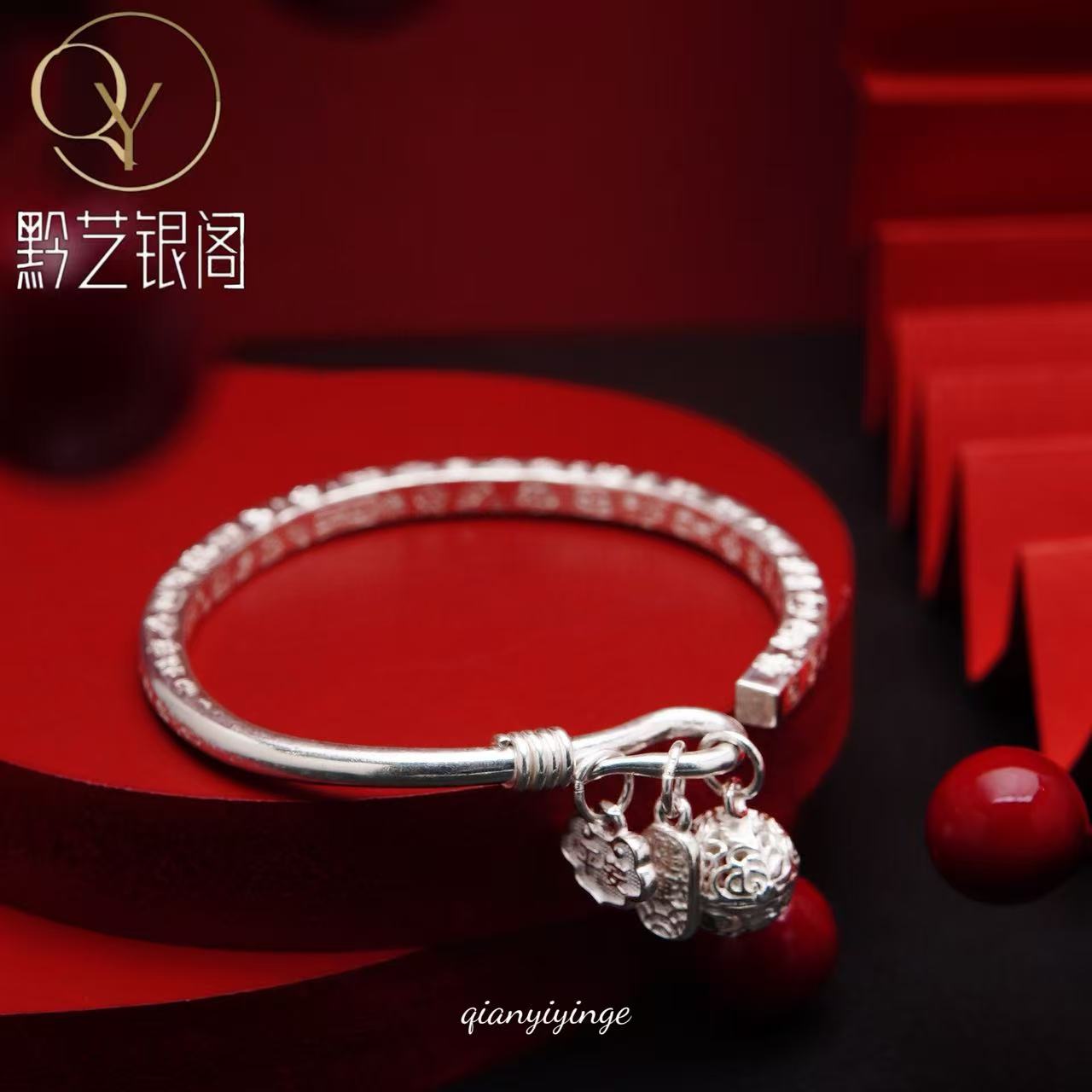 足银手镯 足银手镯【黔艺银阁】足银平安健康铃铛开口吉言实心手镯