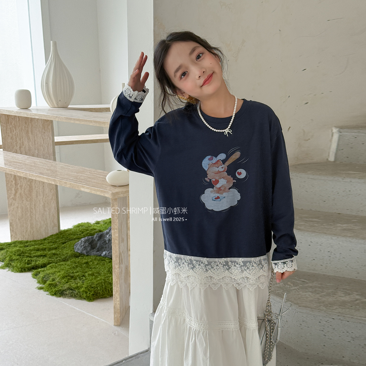 M家品质款 2025年秋装新款韩国女童卡通藏青色花边长袖T恤       