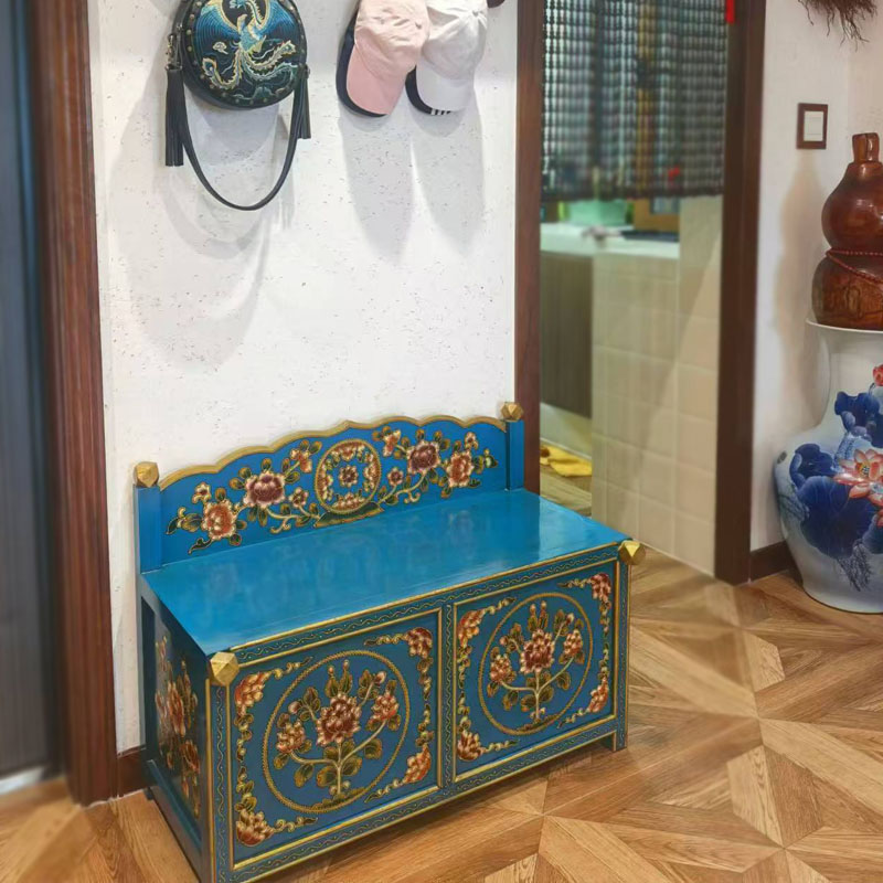 《靠背换鞋柜》复古纯手工彩绘门厅民族风座椅柜80*40*63家用客厅
