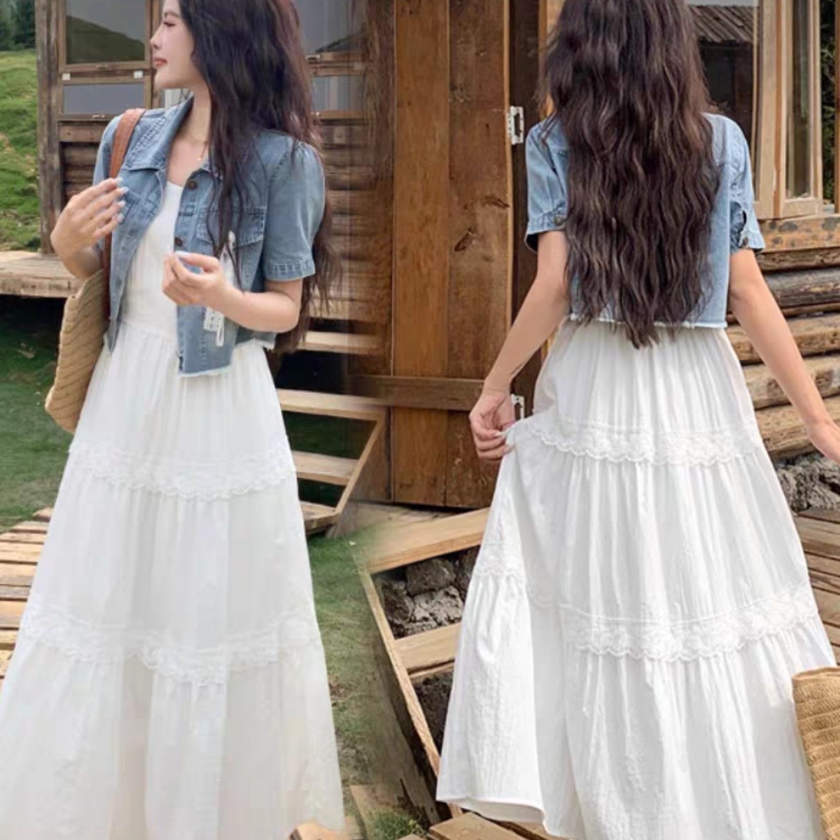 1068夏季时尚气质显瘦短袖牛仔外套吊带蛋糕连衣裙两件套