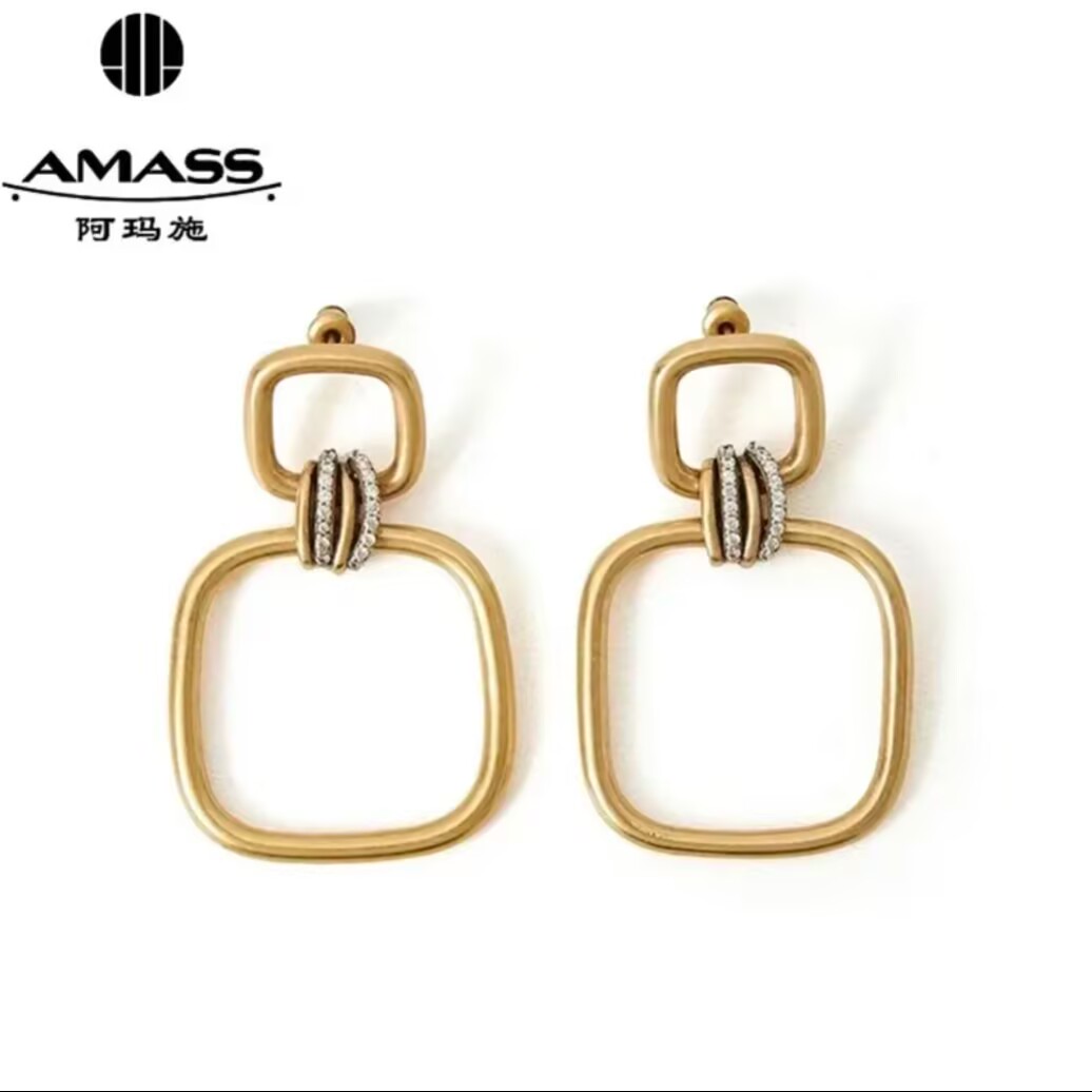 AMASS/阿玛施 铜合金合成锆石耳饰 时尚质感简约方形环耳钉590045