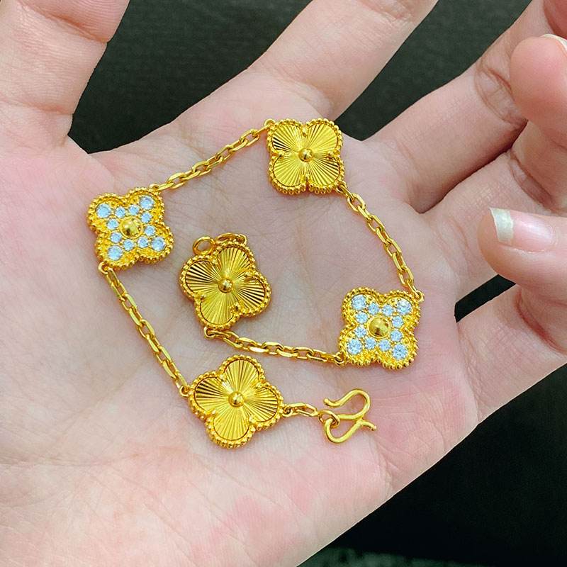 足银合成锆石手链 幸运四叶草手链五花带钻手链不掉色爆闪时尚