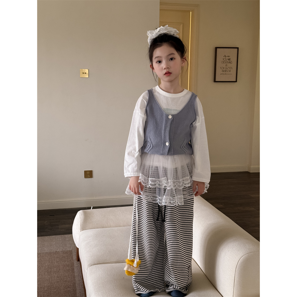 LJ-71692-女童休闲裤2025春季新款儿童韩系阔腿裤大童条纹长裤