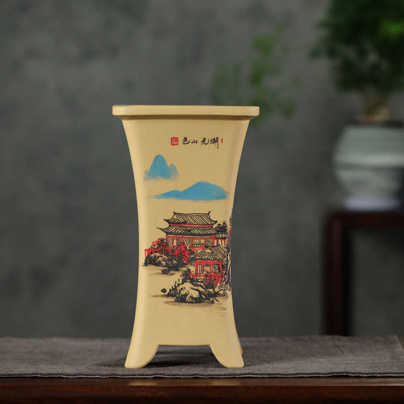 宜兴紫砂四方黄段签筒绘画兰花君子兰多肉松柏梅精品高档花盆室内