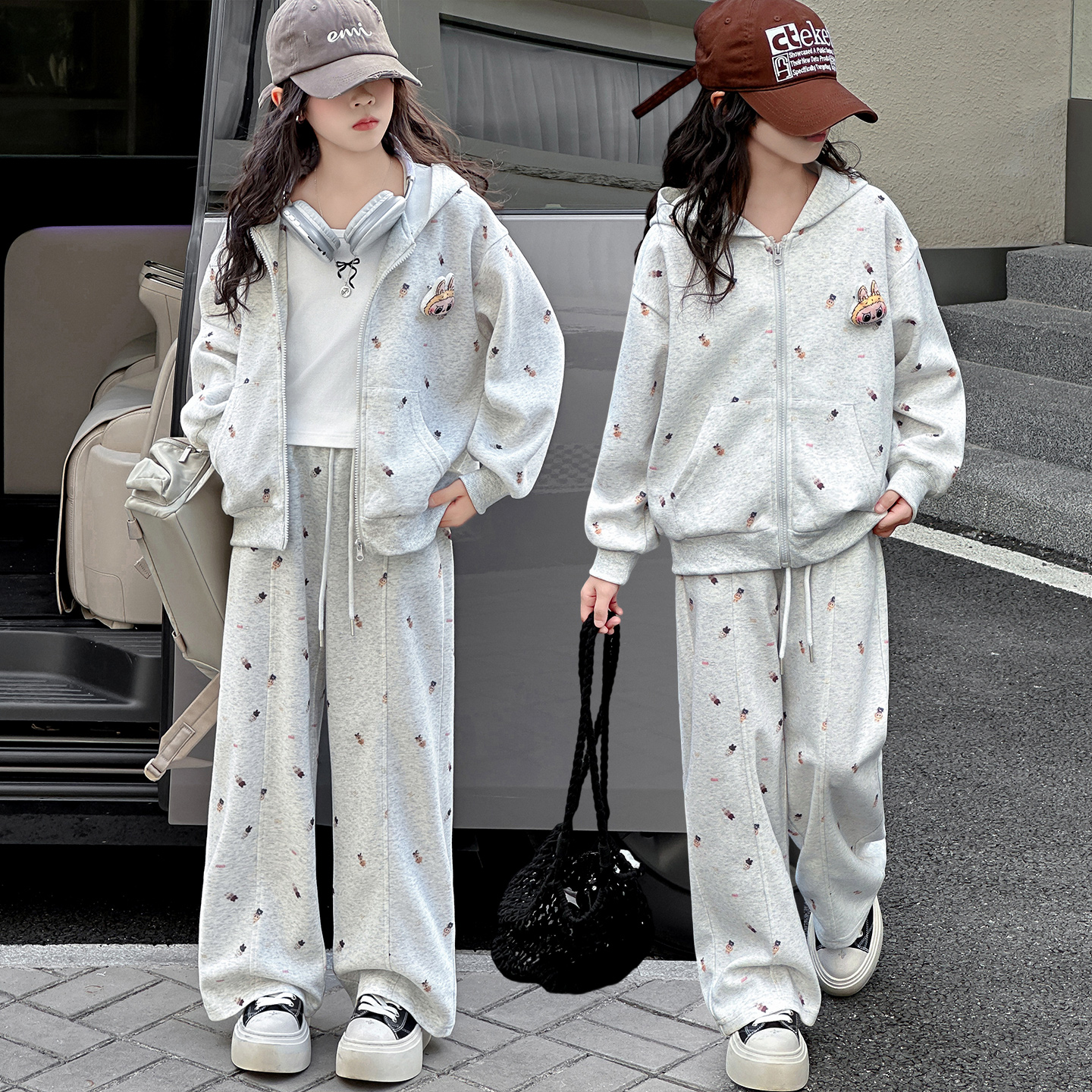 女童运动套装秋装2025新款高级感连帽拉链外套女大童裤子两件套春