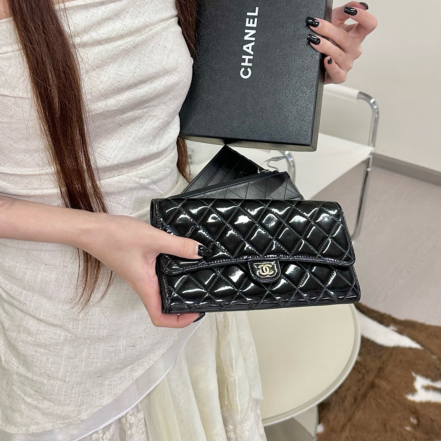 95新 Chanel/香奈儿 chanel三合一漆皮cf钱包K