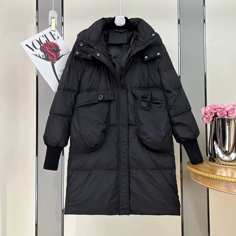 冬季新款黑色中长款过膝连帽韩版宽松保暖加厚白鸭绒羽
