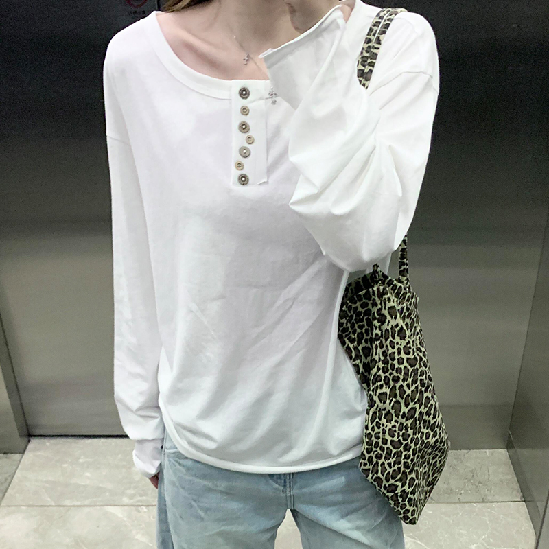 韩系白色莱赛尔宽松百搭纽扣长袖t恤女内搭遮屁股叠穿打底衫上衣