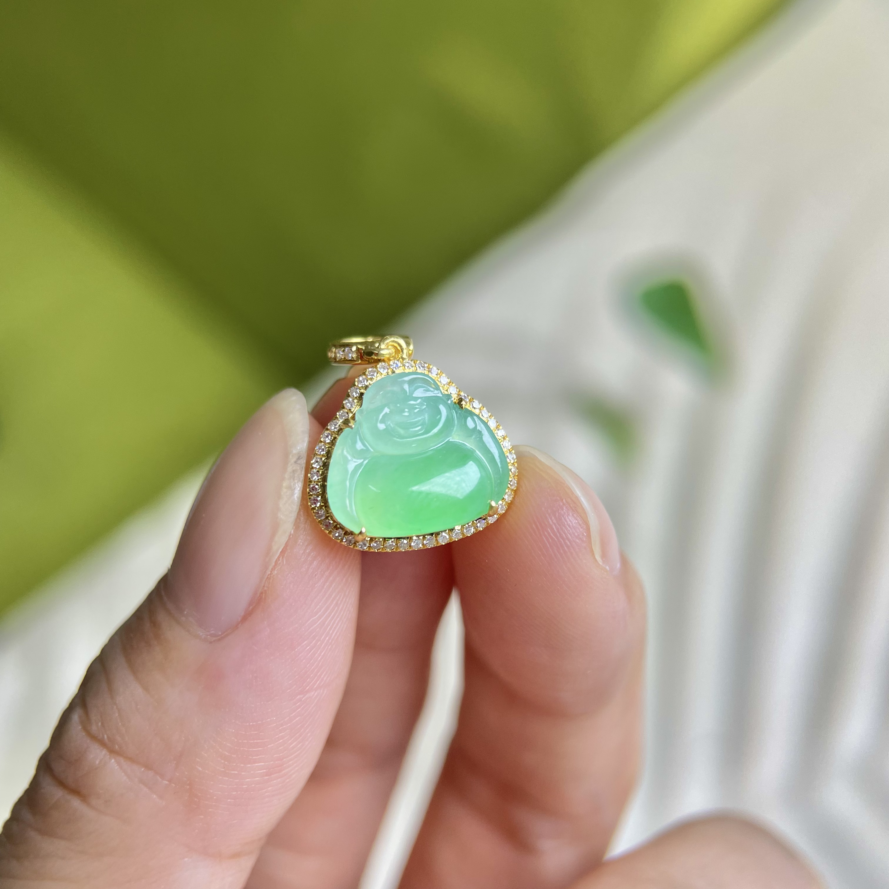 天然A货翡翠高冰种佛公吊坠18k金南非真钻镶嵌项链时尚气质款