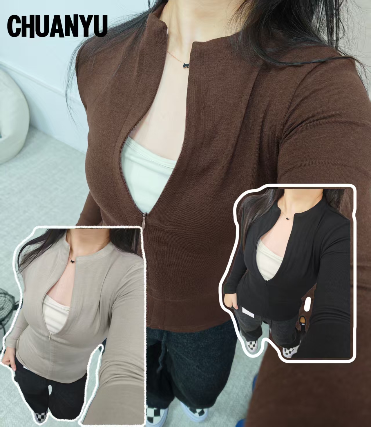 【CY】美式辣妹风半拉链小众修身打底衫女春秋冬内搭掐腰软糯长袖