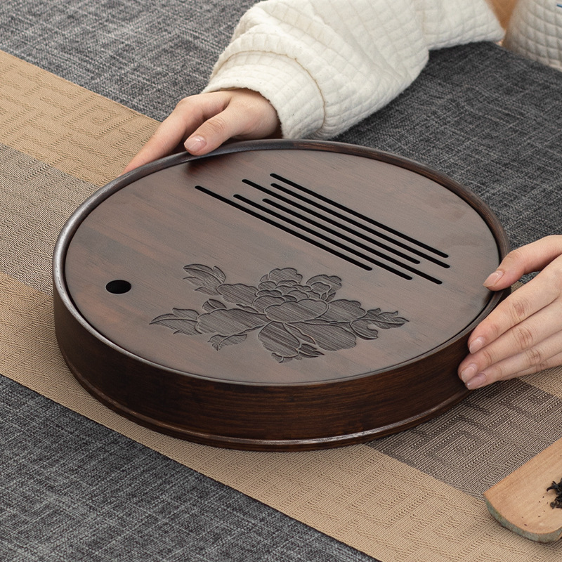 【牡丹盛水】中式茶盘圆形茶海储水式功夫茶具蓄水干泡盘茶几托盘