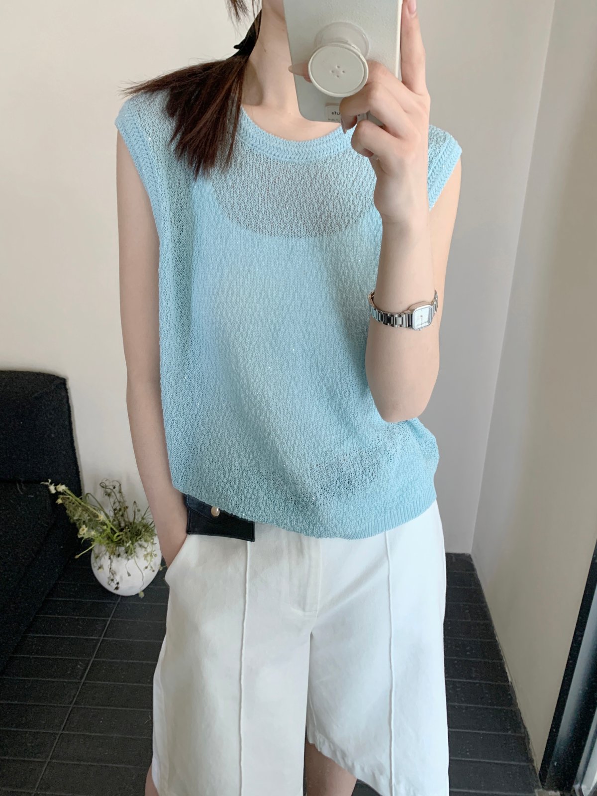 【素简.500157】春款上新亚麻珠片纱爆款背心女装针织衫（5.13福利）