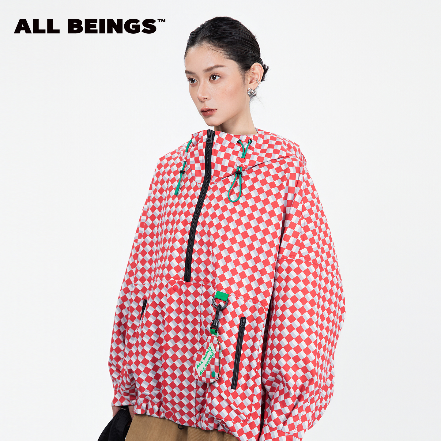 ALL BEINGS25AW秋季设计师新款红色格纹撞色挂件宽松运动外套
