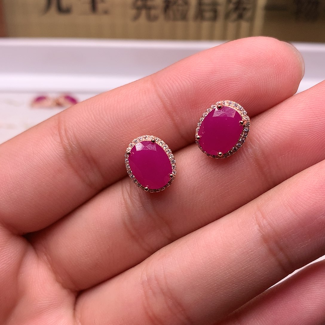 红宝石耳饰银S925镶嵌
