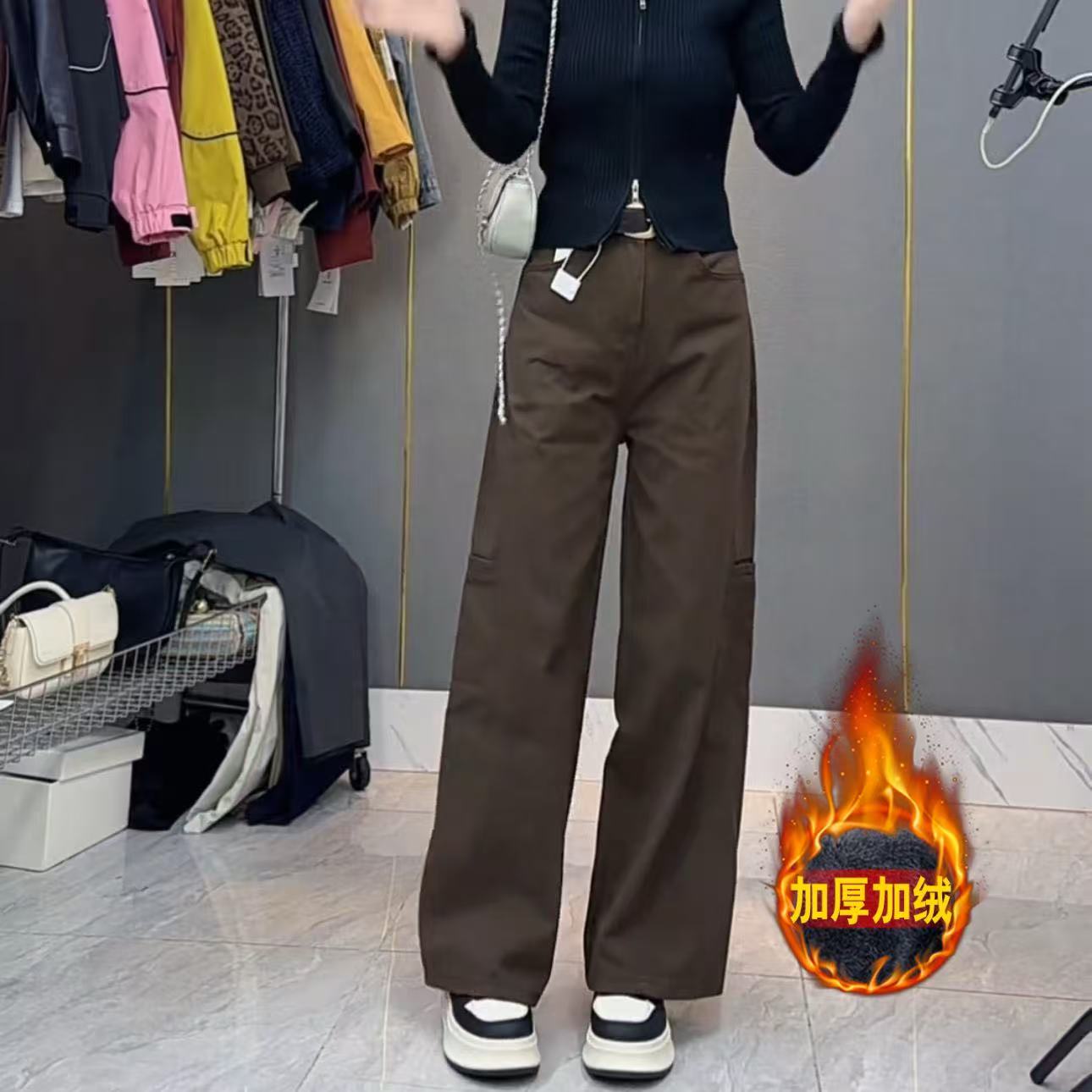 工装裤高腰阔腿裤牛仔裤女秋冬季小个子百搭休闲长裤加绒咖色裤子