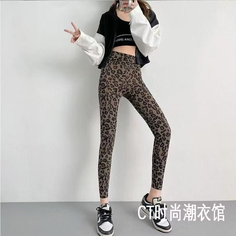 豹纹芭比新款裤女爆款高腰收腹薄款迷彩鲨鱼瑜伽时尚百搭打底底裤