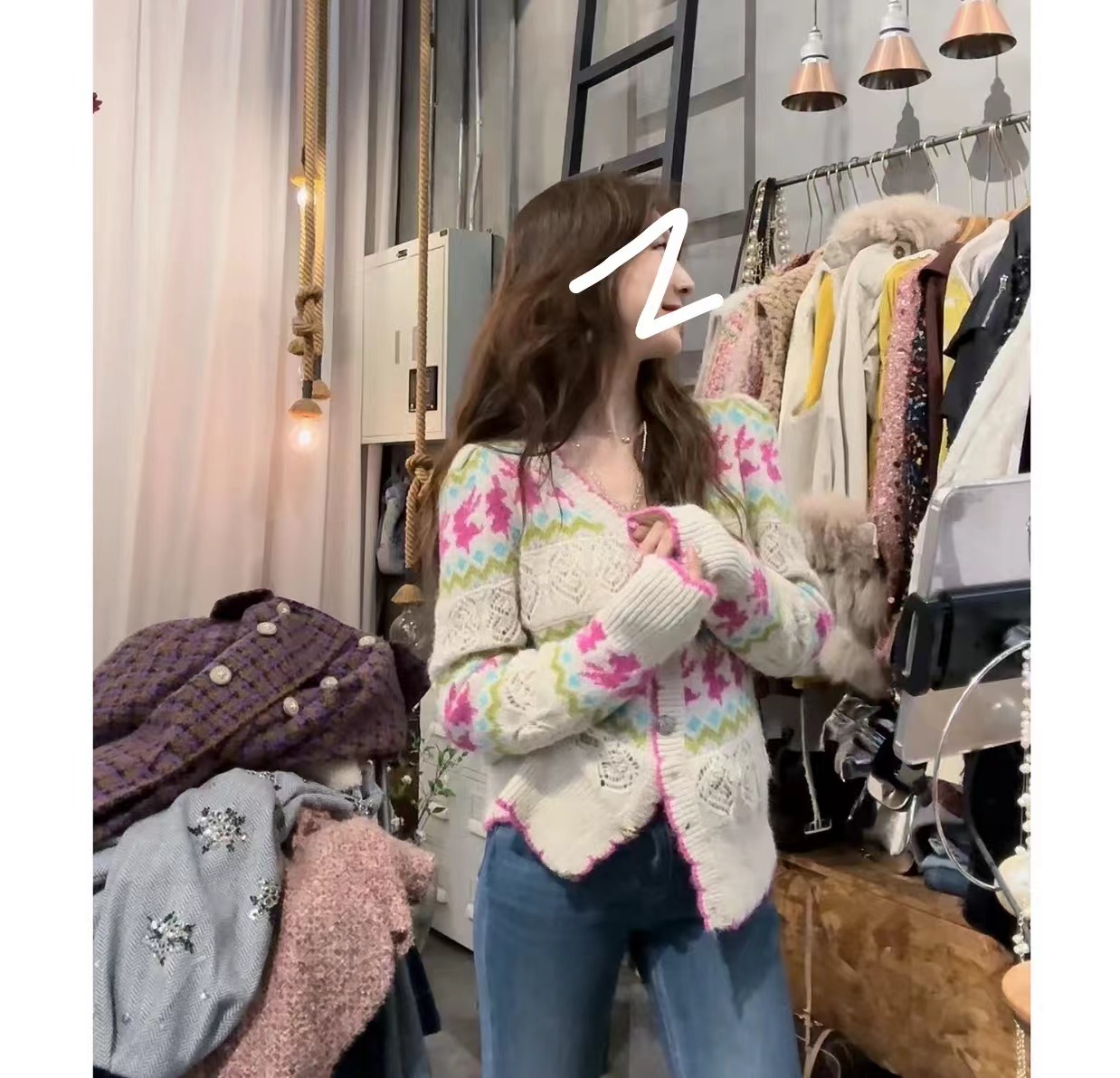 现货素拉 韩系复古费尔岛彩色立体钩花泡泡袖开衫毛衣