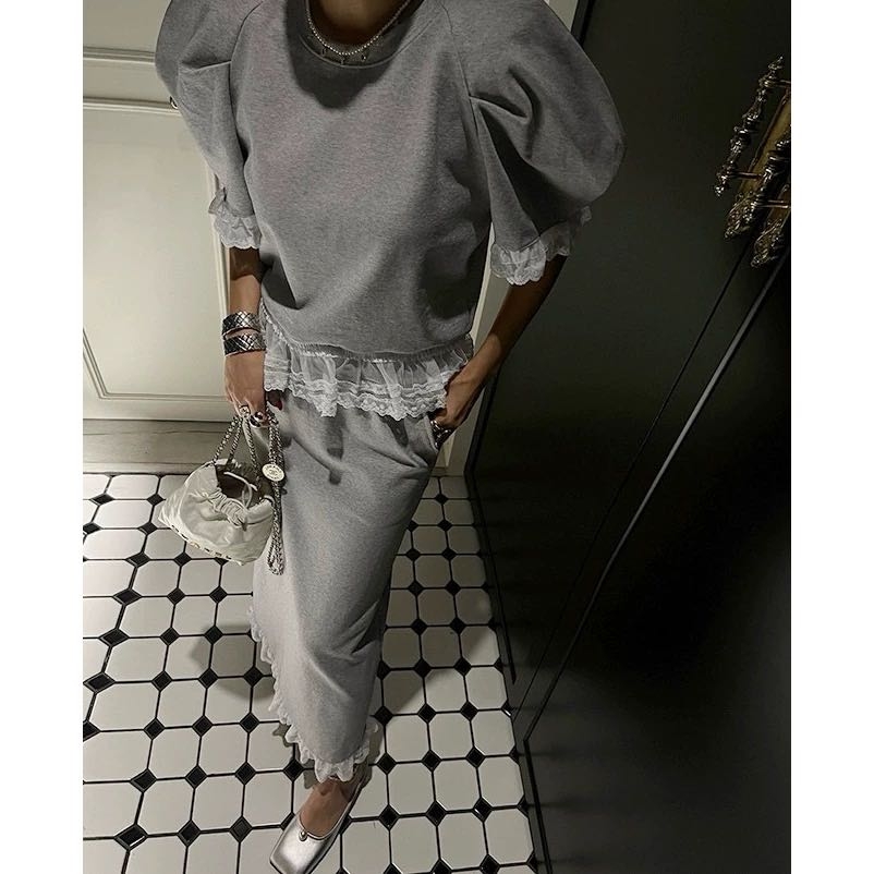 【土豆优选】蕾丝木耳边泡泡袖T恤➕半裙套装