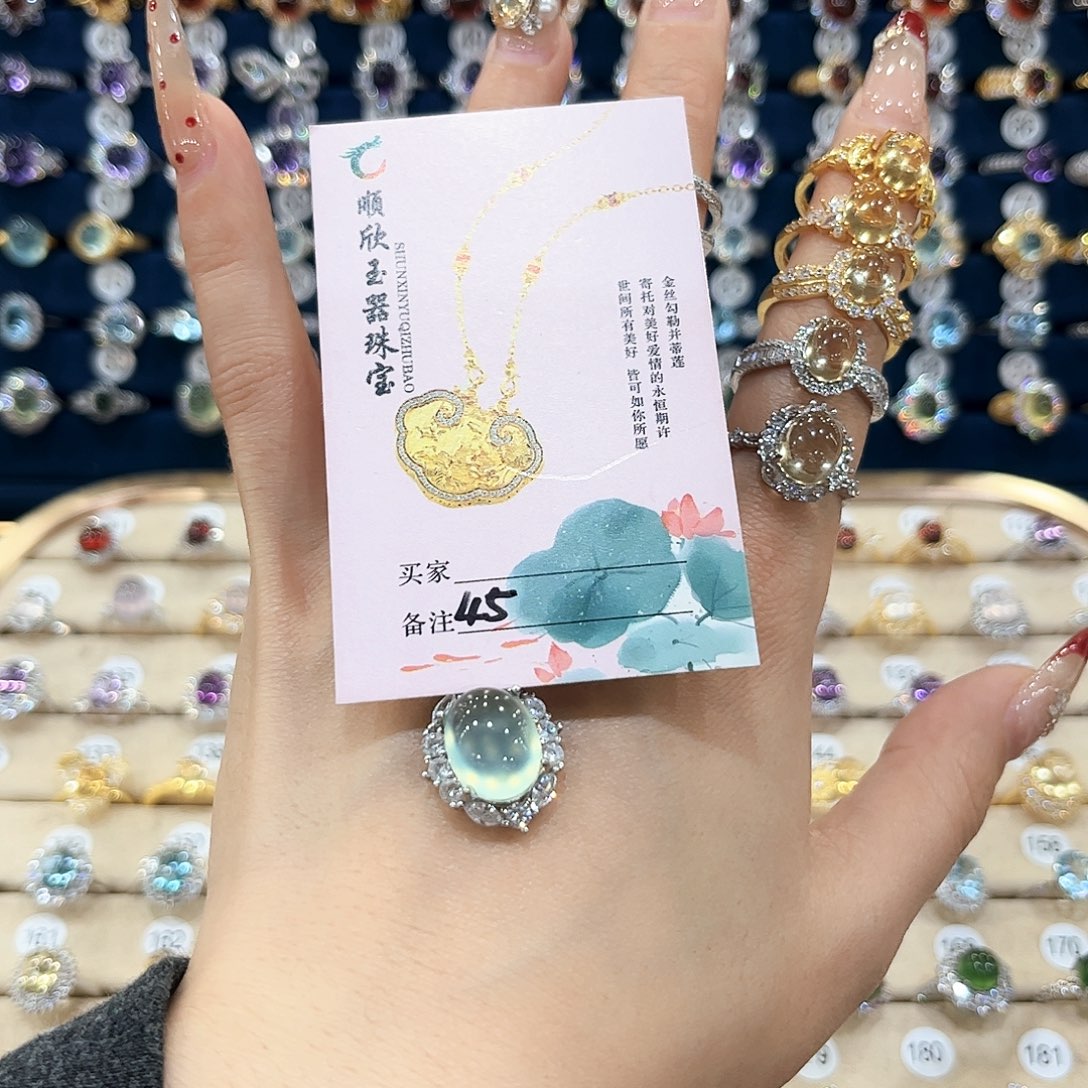 蛇纹石玉女款银S925镶嵌橙*戒指45