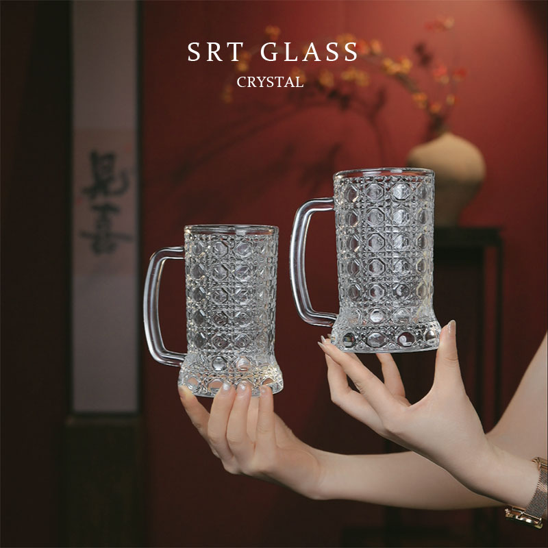【2只装】宝石纹啤酒杯高级感玻璃水杯带把扎啤杯冷饮果汁杯家用
