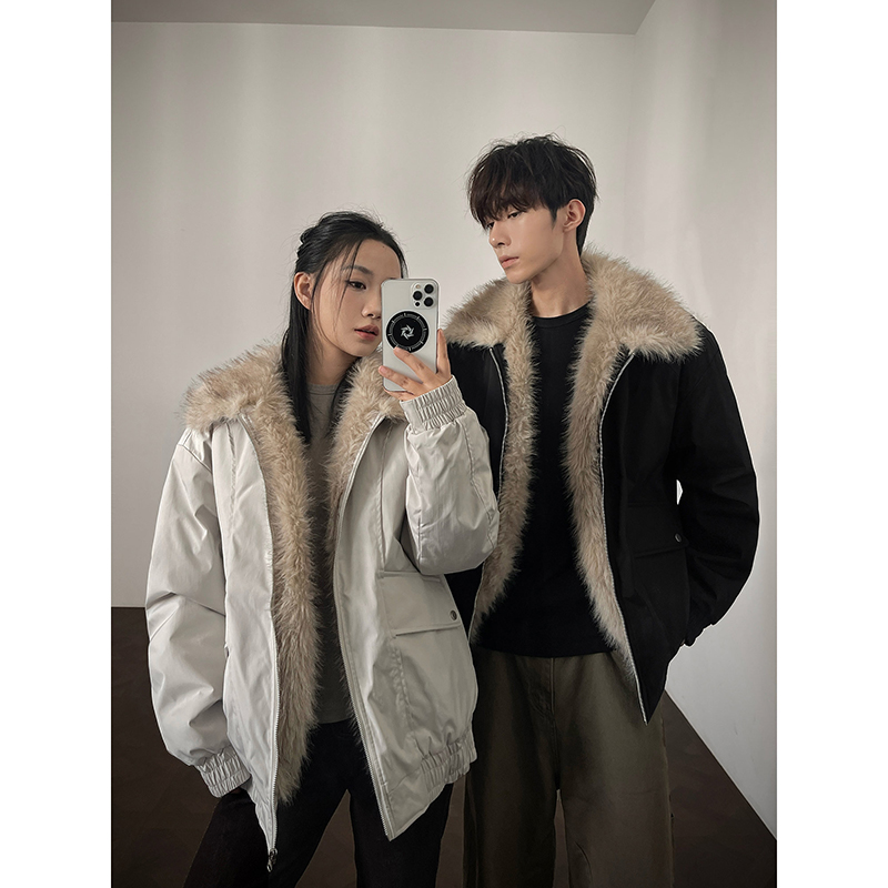 座山雕毛领棉衣男女冬季美式cleanfit高级感夹克加绒加厚连帽外套