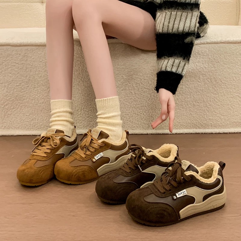 小敏家 白鹿同款！秀气圆头加绒德训鞋！ 复古羊羔毛洋气软底棉鞋