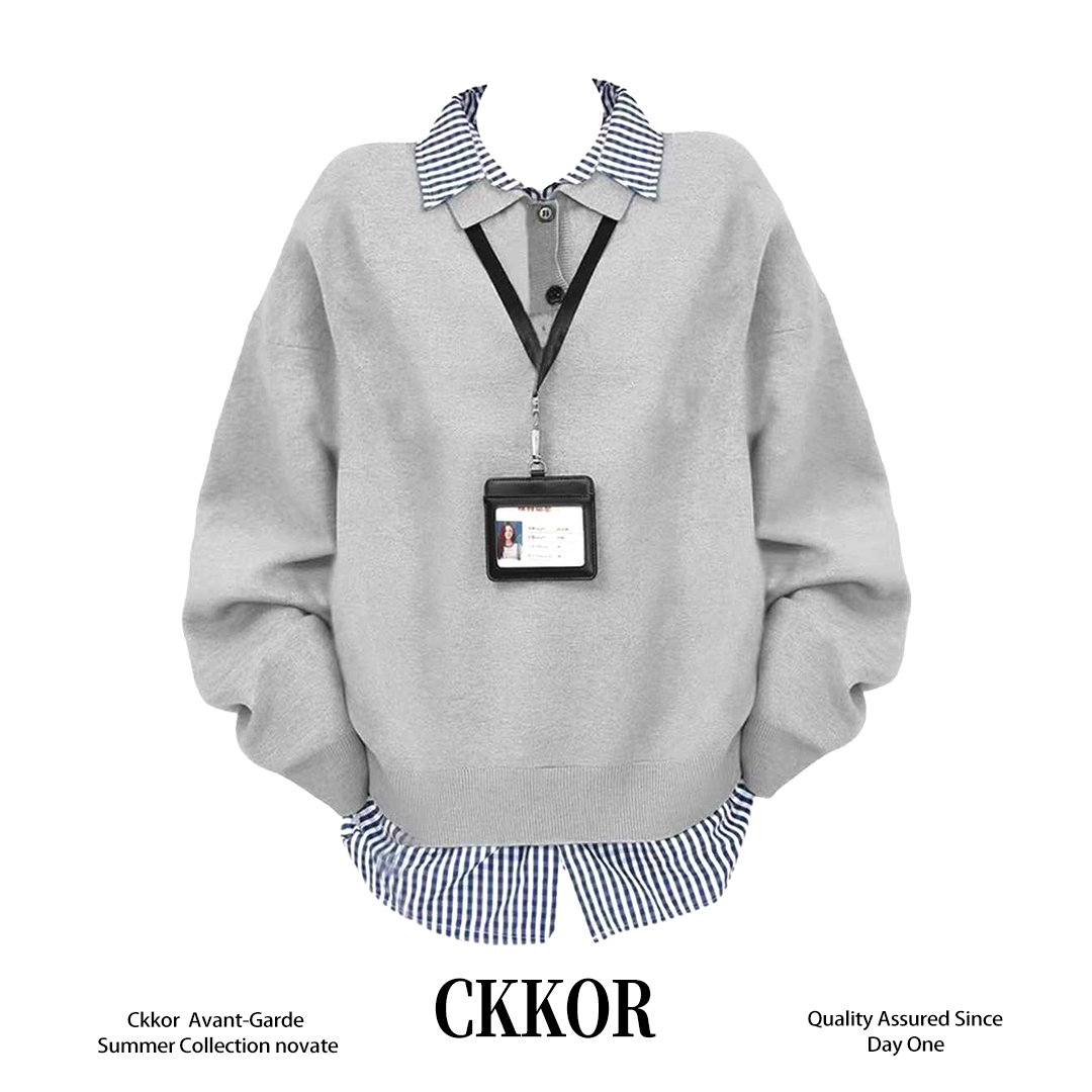 CKKOR翻领纽扣假两件卫衣女开春韩系格纹拼接学院风长袖慵懒上衣 