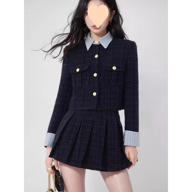 富家千金风高级感套装裙高腰百褶半身裙春秋针织拼接显瘦外套上衣