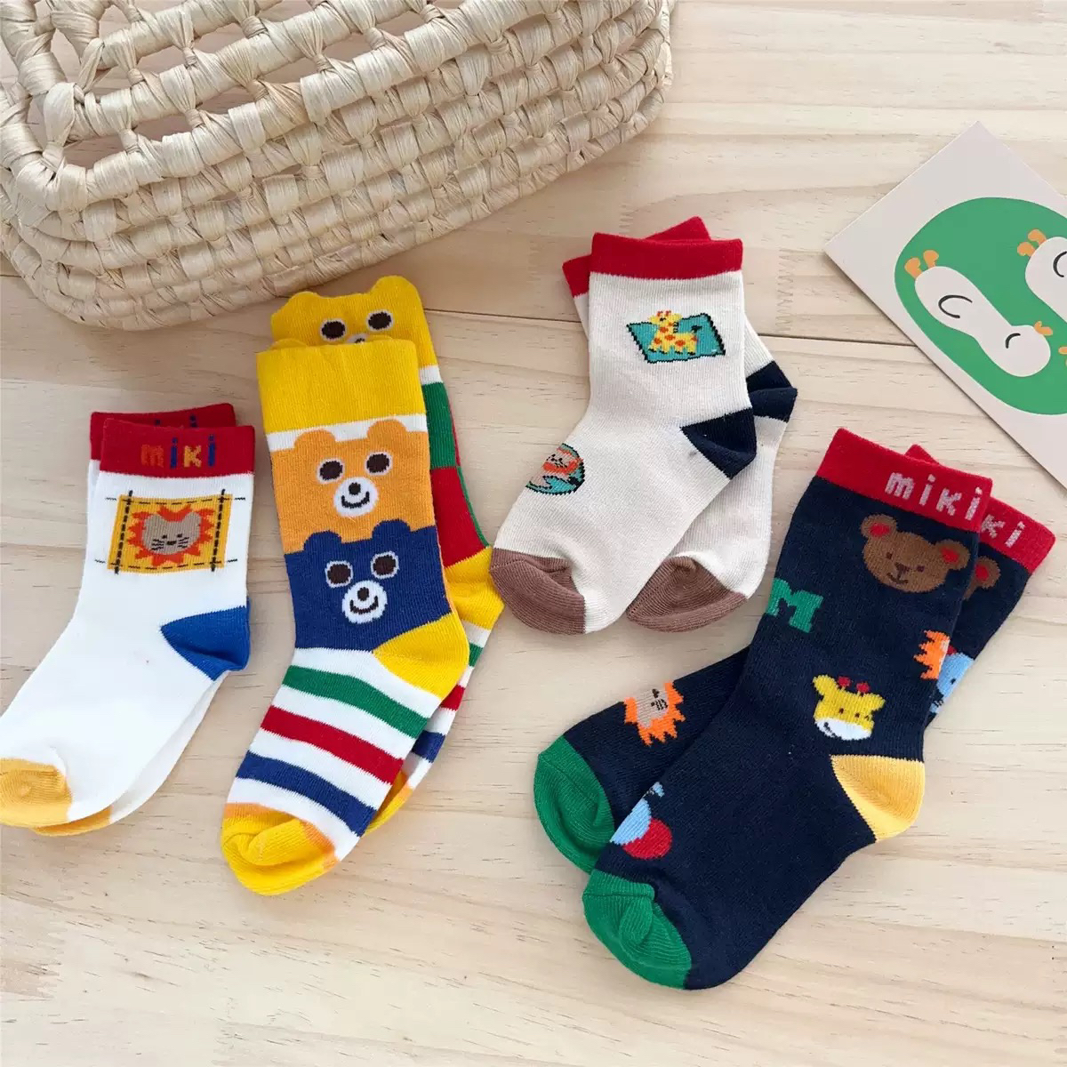 日系四季棉袜子男女童 25秋新款童袜卡通小熊拼色常规中筒袜子4双