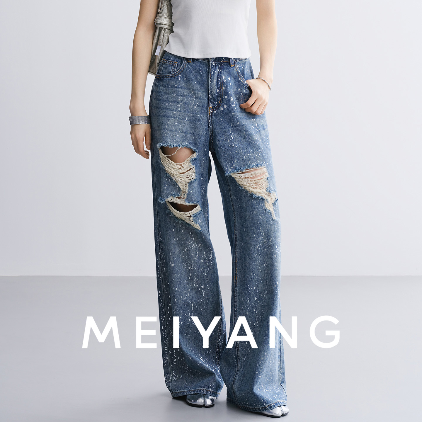 A美洋MEIYANG 雪饼牛仔裤【商场同款】闪爆银箔裤！破洞【大60】-周四